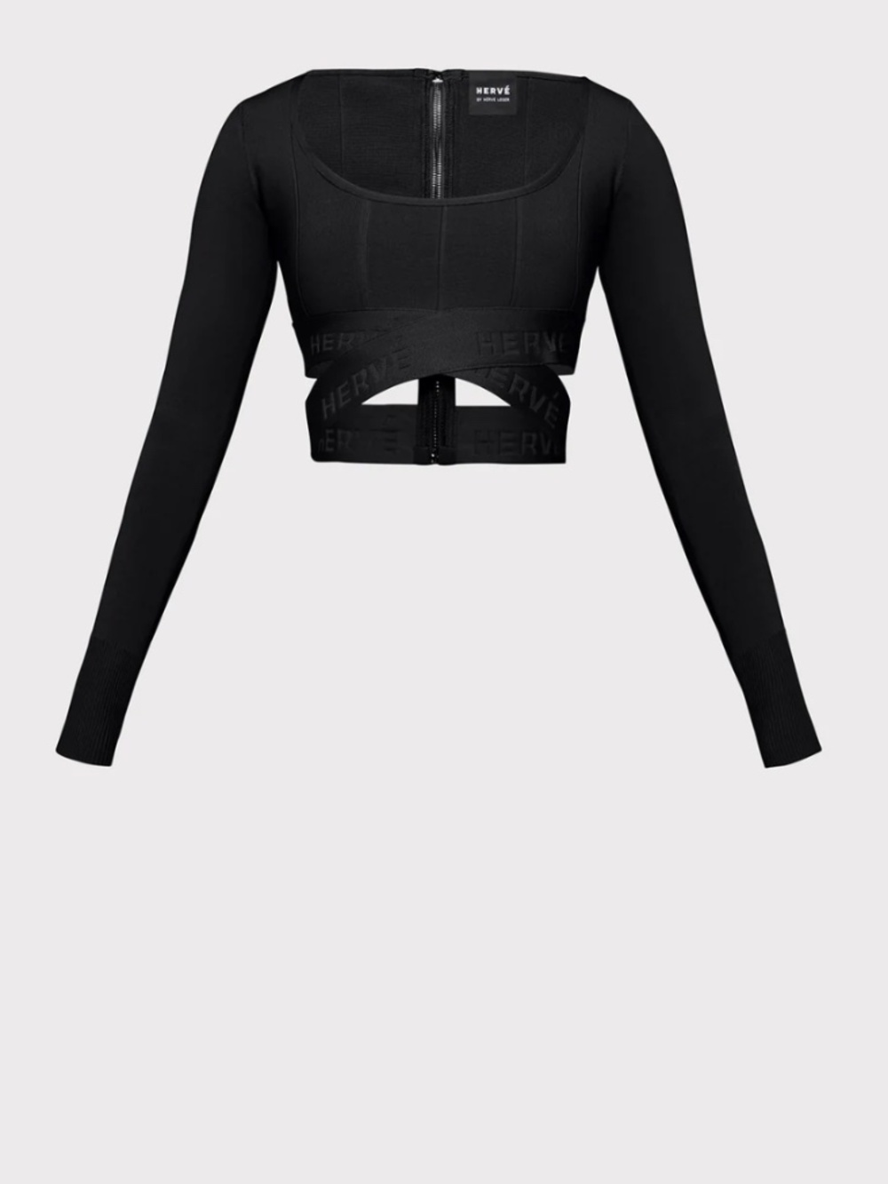 Herve By Herve Leger LONG SLEEVE SCOOP NECK CROP TOP Black NWT